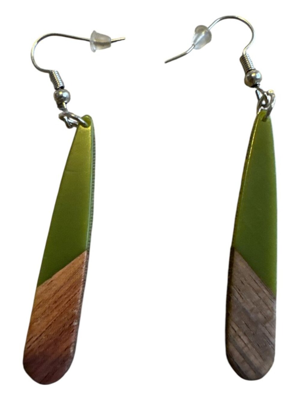 Handcrafted Wooden & Resin Drop Earrings - Green & Natural Wood Finish Lightweig